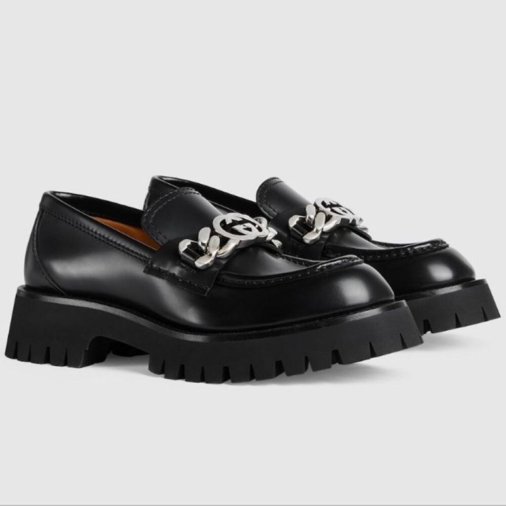 NIB Gucci Cordovan Lux chain interlocking G lug sole loafers IT 38.5